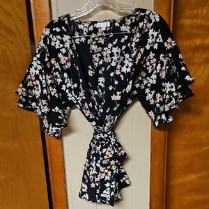 Charming Charlie Black Floral Wrap Blouse